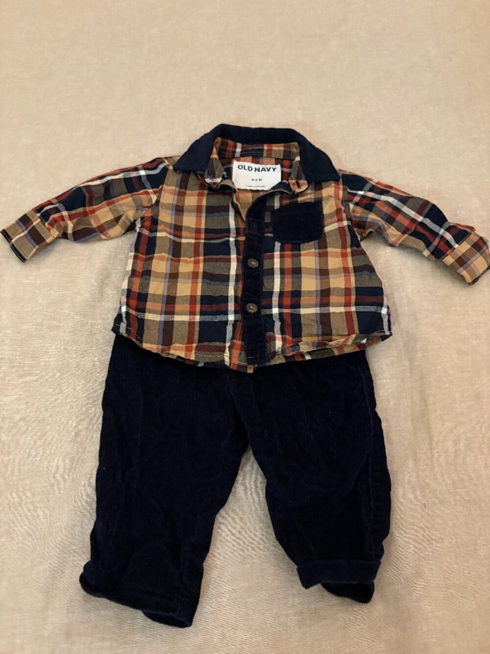Old Navy Baby Boy 2pc Plaid Flannel Shirt & Corduroy Pants Set 0-3M